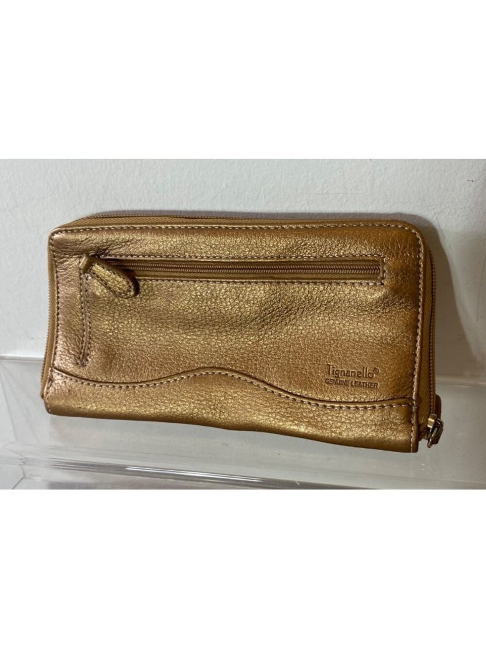 Tignanello Gold Leather Wallet Zippered Compartments Card Slots